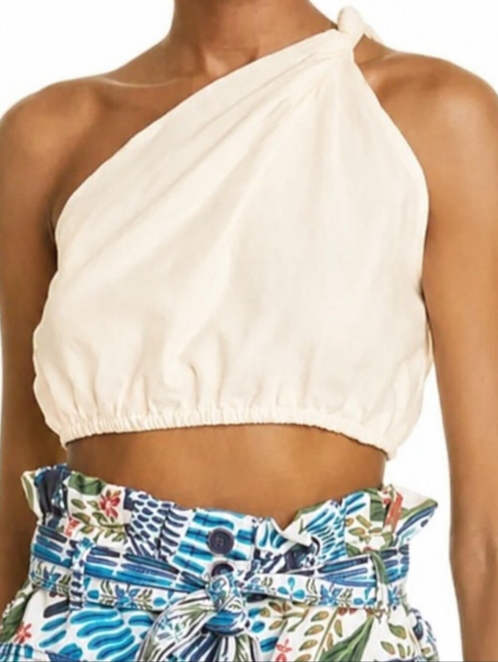 FARM Rio White One-Shoulder Knot Crop Top
